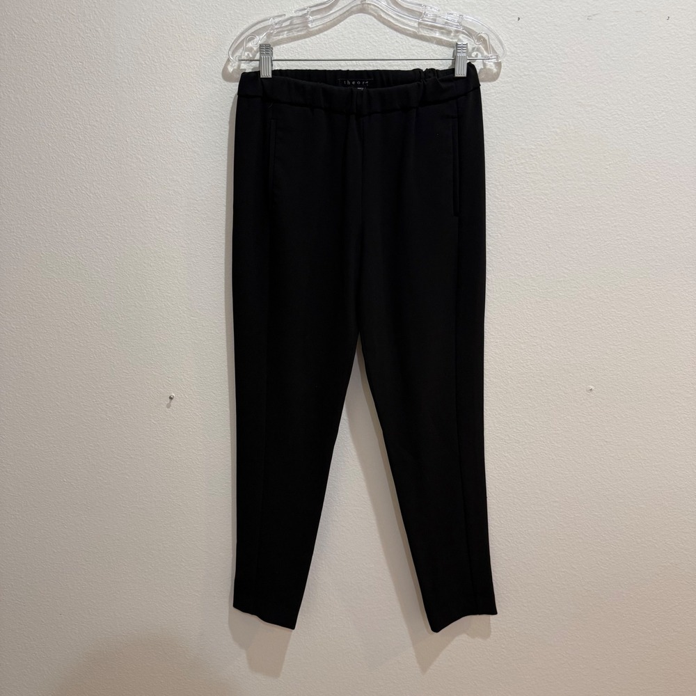 Theory Black Pull On Tapered Trousers Size P Petite Cropped Slim Dress Pants